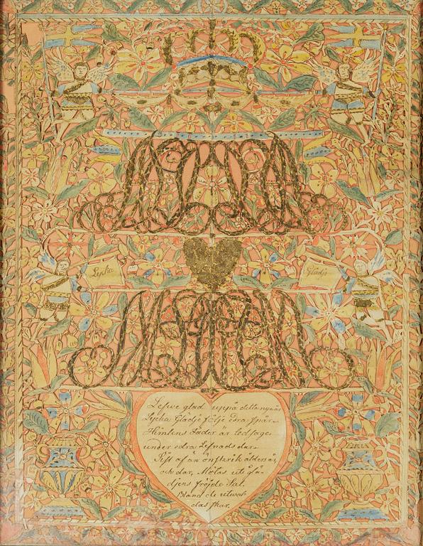 A set of three folk art commemorative paintings, 19th century.