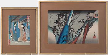 Ando Hiroshige, after, 'The Nunobiki Waterfall in Settsu Province' and a woodblock print by an unidentified master.