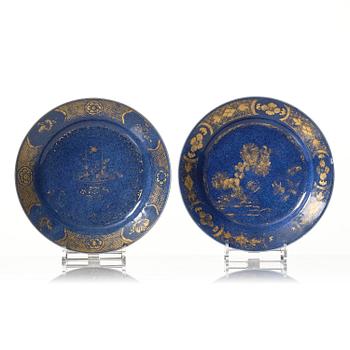 A powder blue basin and three plates, Qing dynasty, Qianlong (1736-95).