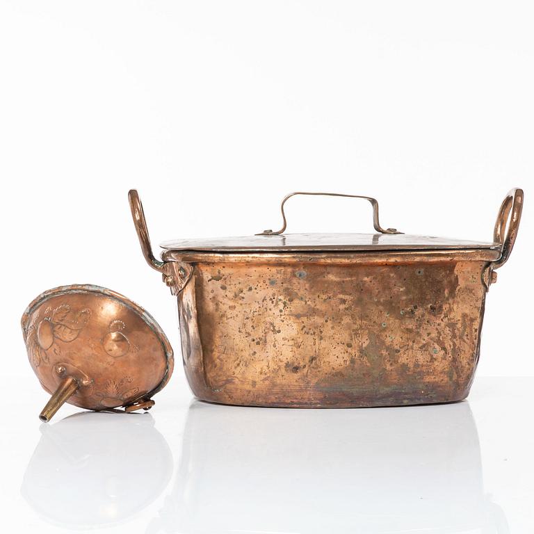 A Swedish copper cauldron and sieve, circa 1800.