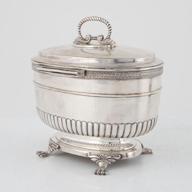 A Swedish 19th century silver sugerbowl, mark of Gustaf Möllenborg, Stockholm 1826, silver sugar tong, mark L.Boye, 1779.