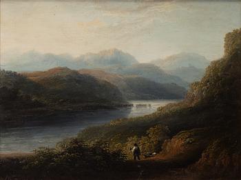 Patrick Nasmyth, hans art, Vidsträckt landskap med jägare och hundar.