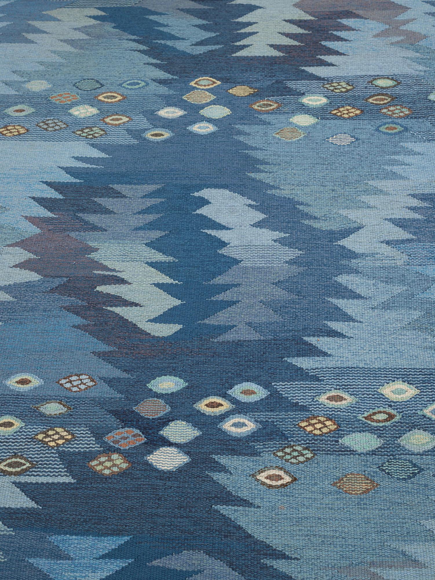 Barbro Nilsson, A carpet, "Tånga blå", flat weave, ca 355 x 252-256 cm, signed AB MMF BN.