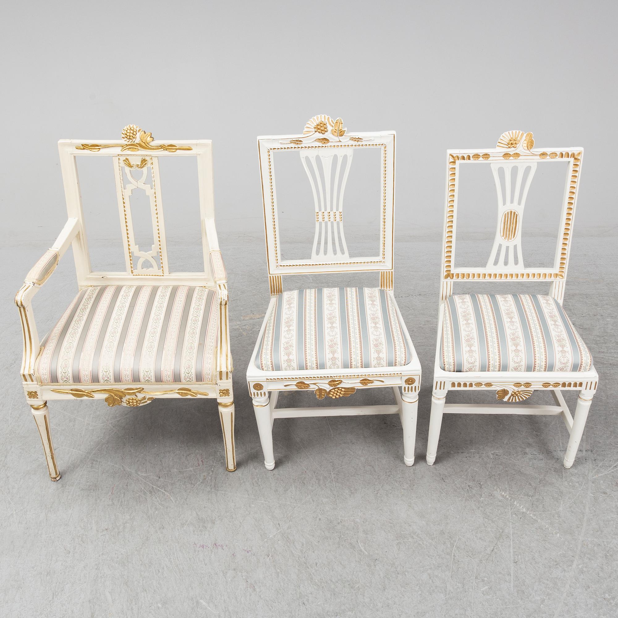 STOLAR 6 st (4+2) och KARMSTOLAR ett par, gustavianska, Lindome, sent 1700-tal.