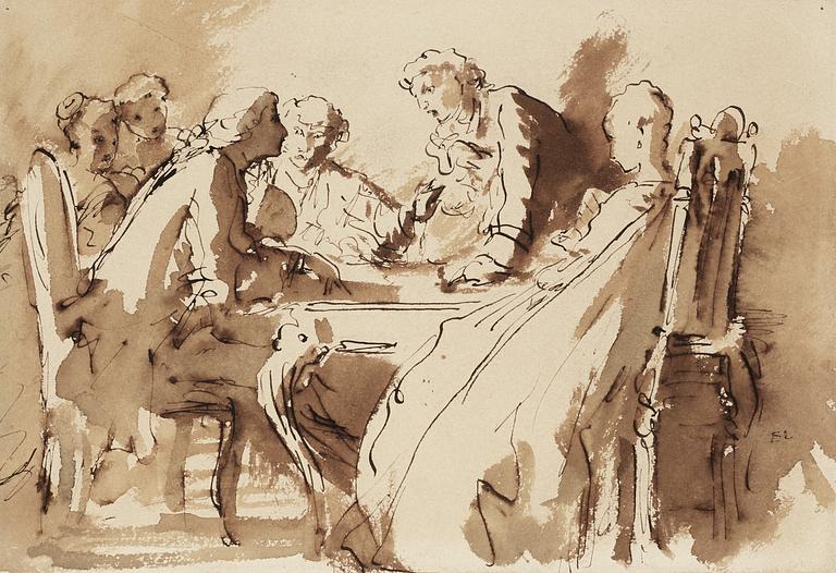 Egron Lundgren, Dispyten, elegant rokokosällskap kring ett bord utövande sällskapsspel.