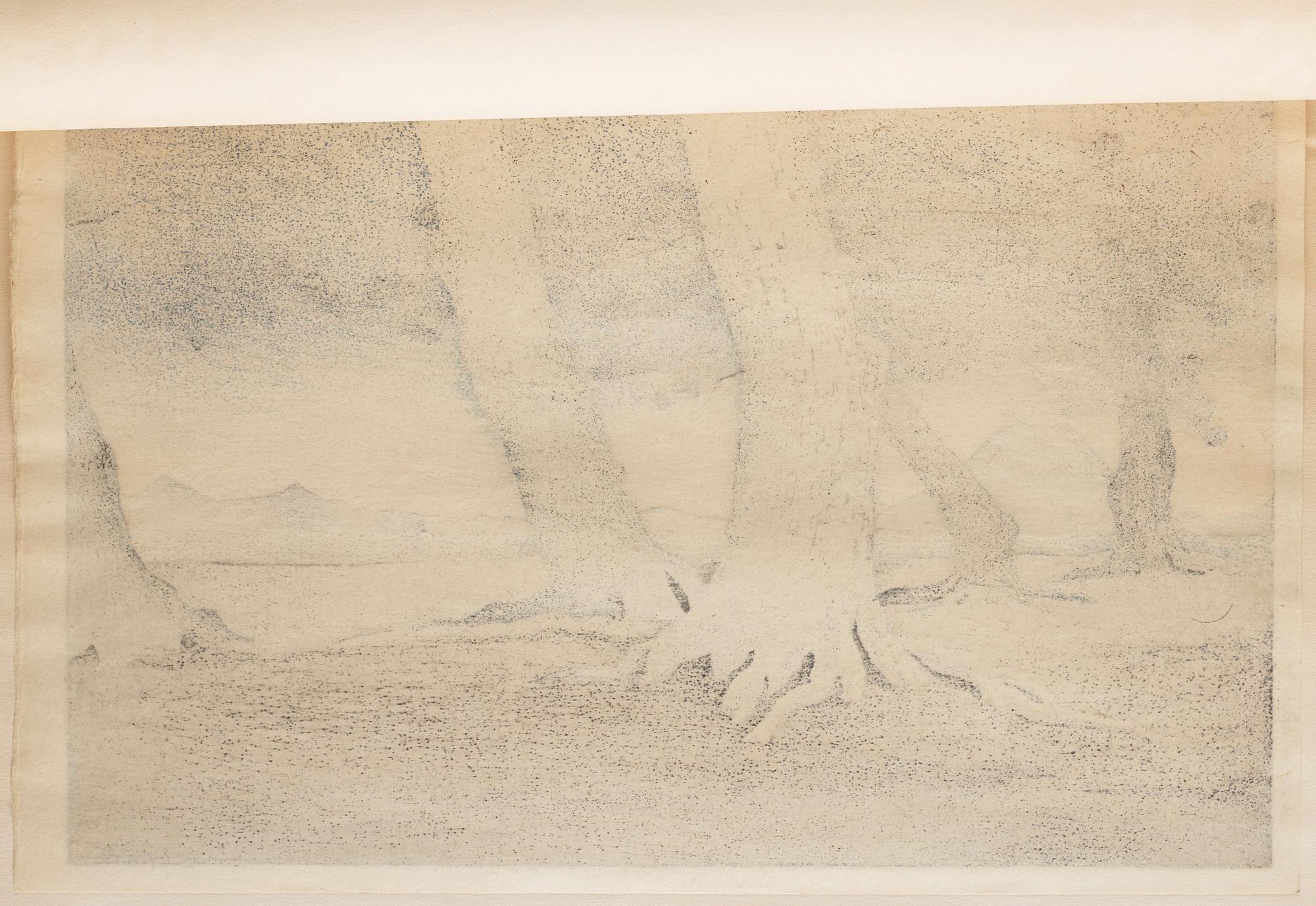 A Japanese woodblock print by Kawase Hasui titled "Pine Trees at Toyama, 20th Century.