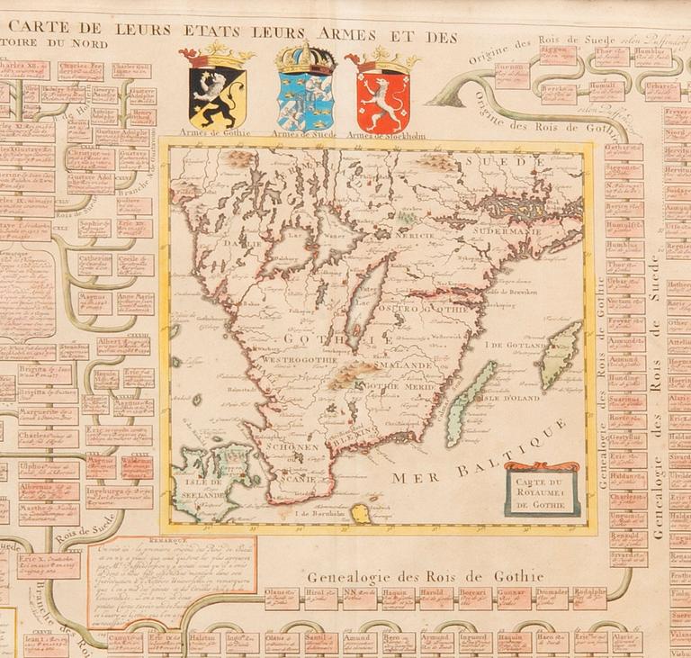 Kolorerat kopparstick "Carte genealogique pour conduire à l'histoire des Rois du Nord". 1700-tal.