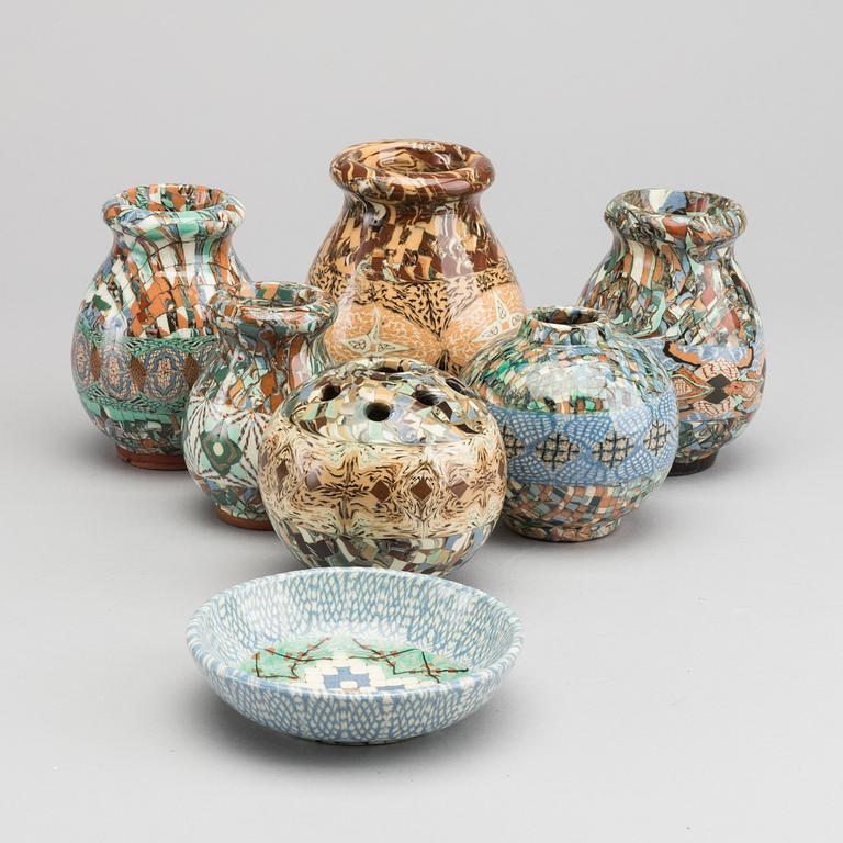 A set of 6 pcs of vases and a bowl, stonewere, Gerbino Vallauris.
