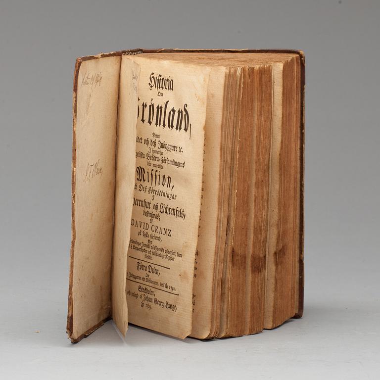 BOK, "Historia om Grönland, deruti landet och dess inbyggare..." av David Crantz, Stockholm, 1769.