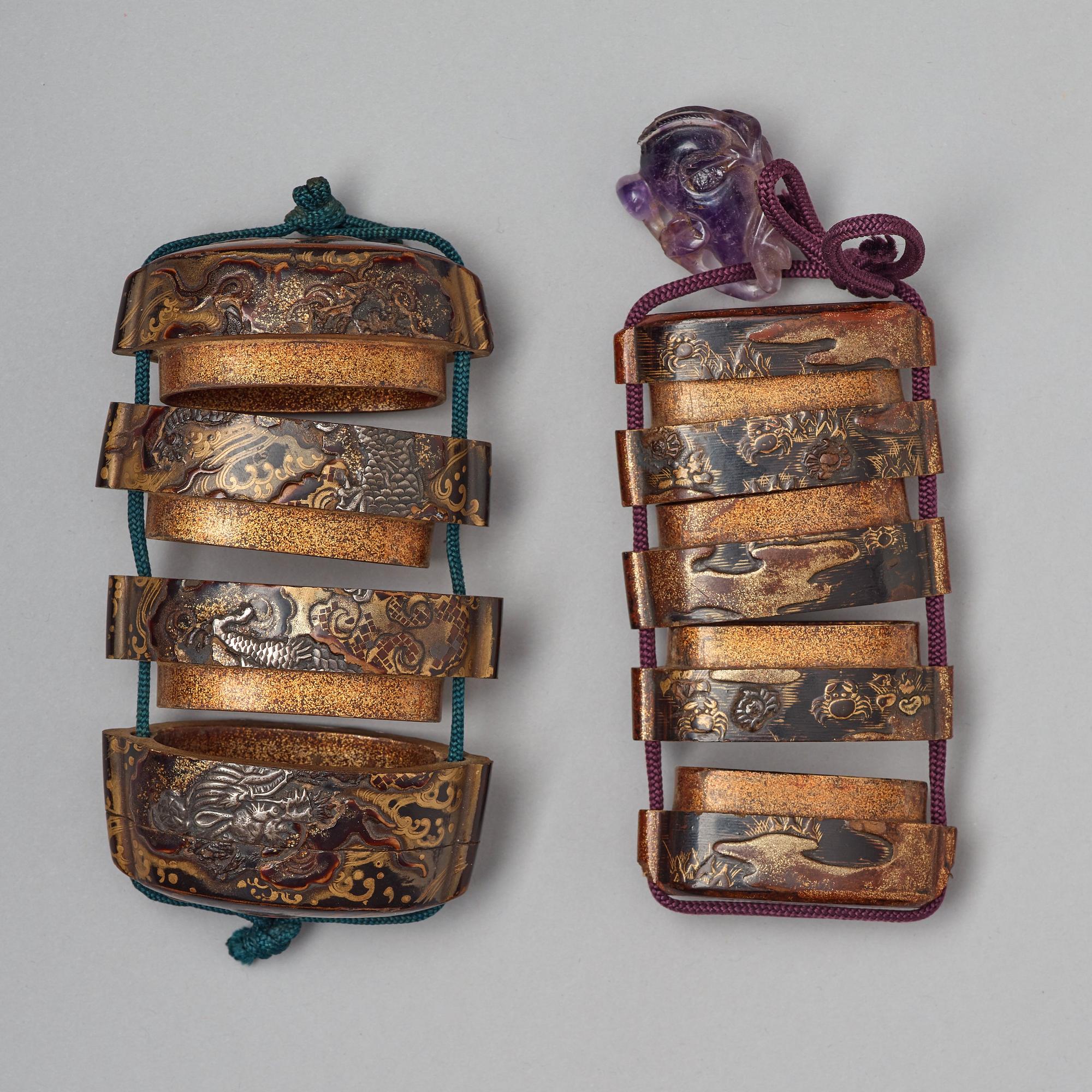INRO, två stycken, lack. Japan, Meiji (1868-1912).