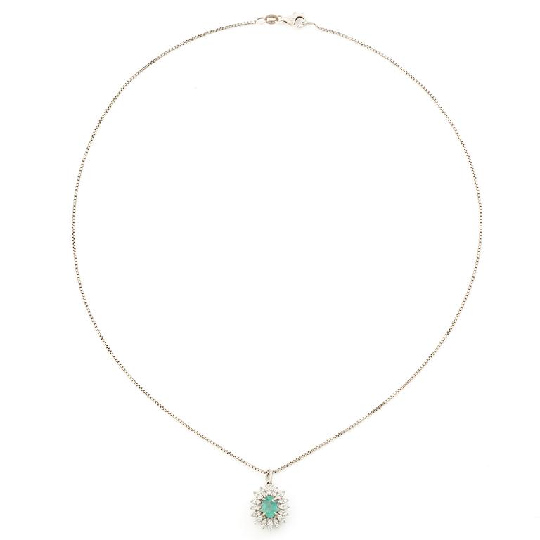 Hänge 14K vitguld med smaragd och briljantslipade diamanter, kedja silver.