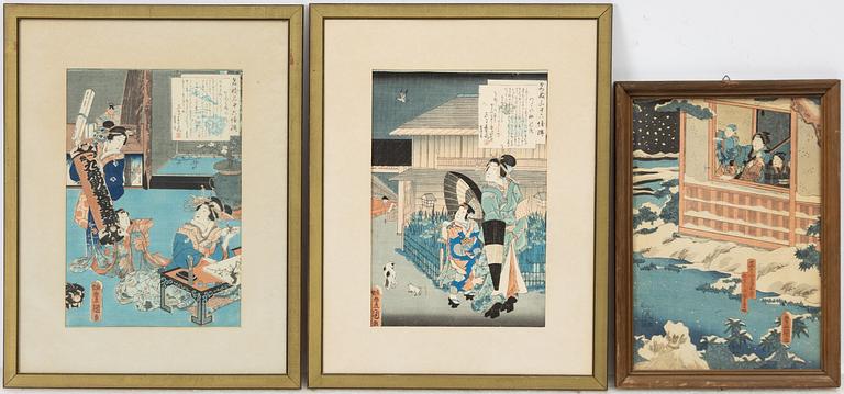 Utagawa Kunisada (Toyokuni III), Three woodblock prints, various motifs.