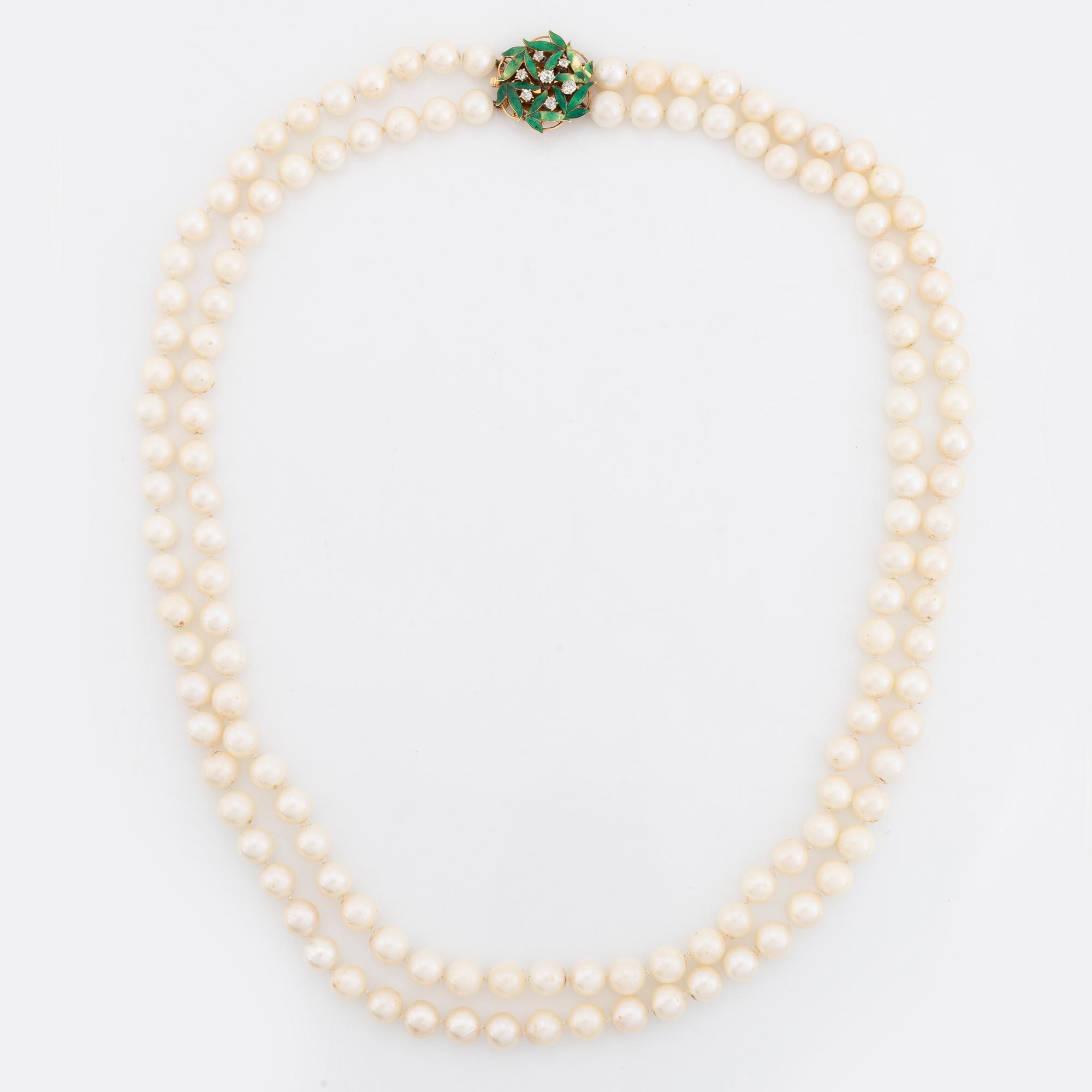 Cultured salt water pearl necklace, Claps 18K gold with enamel and old cut diamonds.