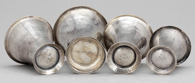 BÄGARE, 4 st, silver, samtliga från Falun, 1796-1832. Tot ca 175 gram.