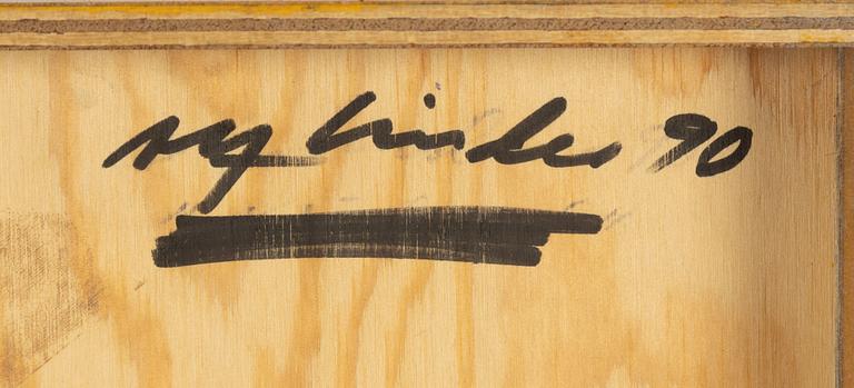 Alf Linder,  mixed media on panel, sigfned and dated -90 verso.