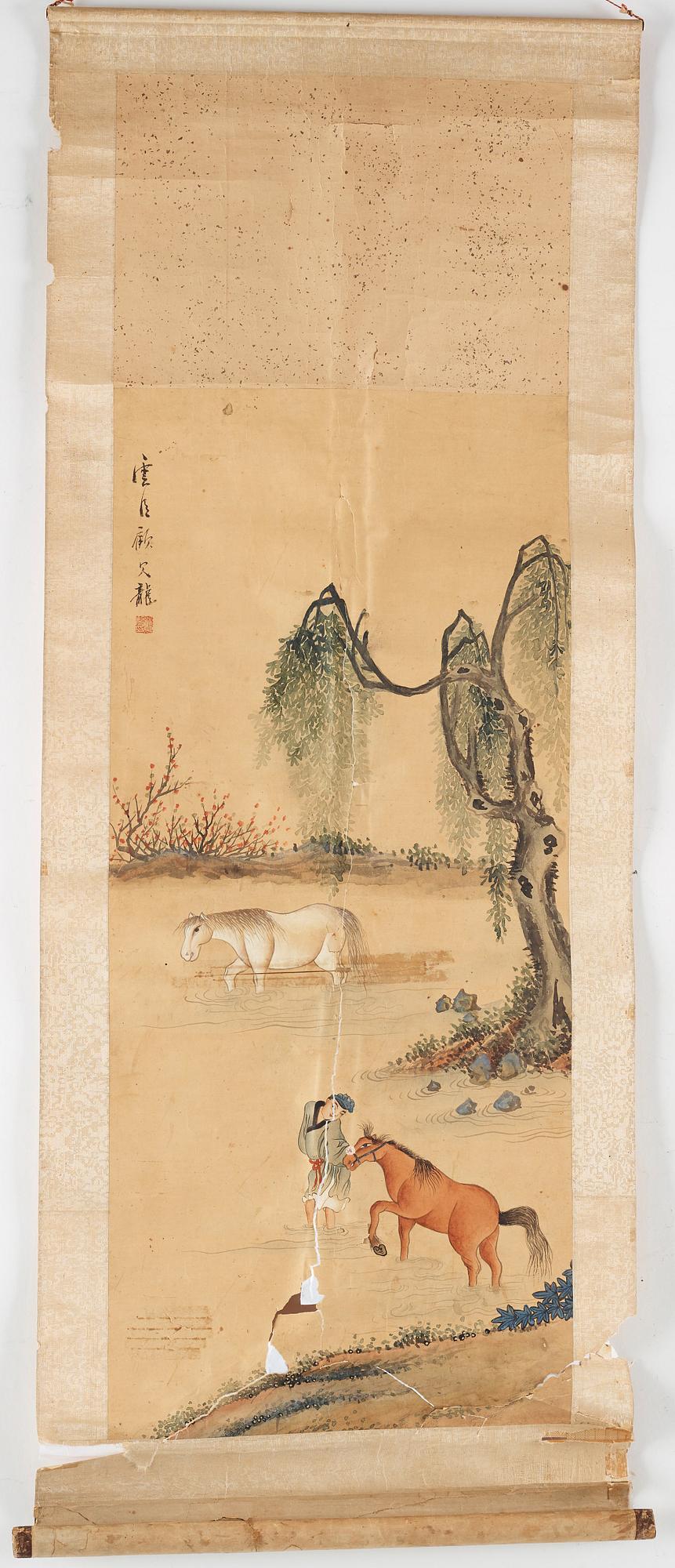 A Chinese scroll painting by un unkown artist, late Qing dynasty.