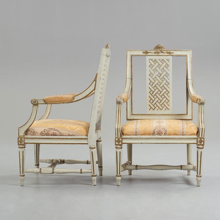 A pair of Gustavian late 18th century armchairs by Erik Öhrmark (master in Stockholm 1777-1813).