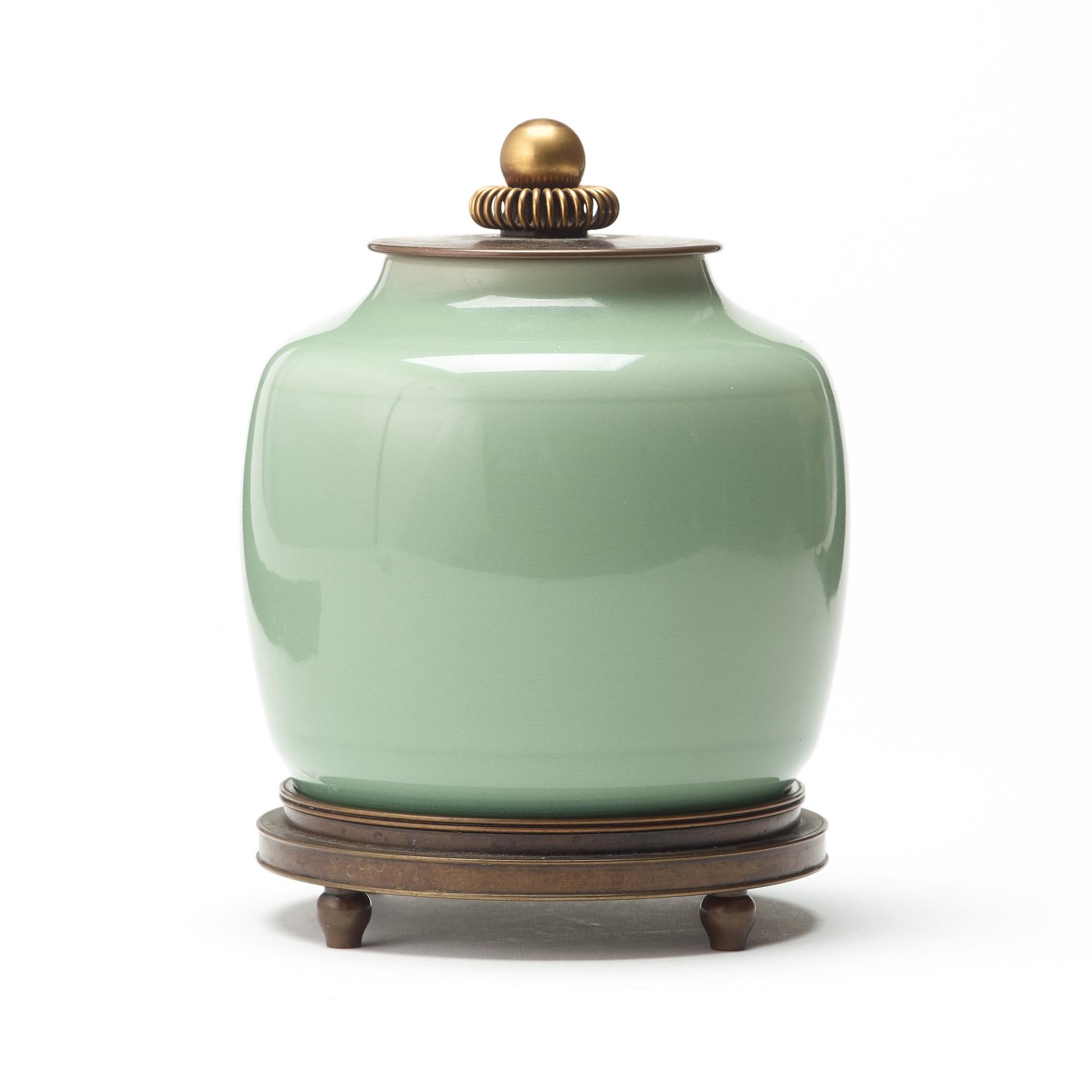 Knud Andersen, A Knud Andersen stoneware jar with patinated bronze cover and stand, Royal Copenhagen, Denmark.