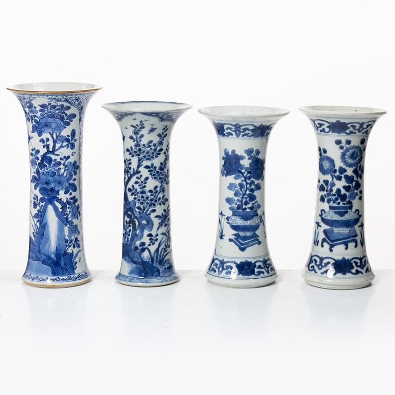 Four blue and white trumpet vases, Qing dynasty, Kangxi (1662-1722).
