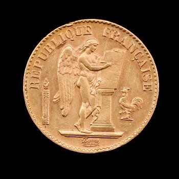 GULDMYNT, 20 francs, Frankrike, 1893. Vikt ca 6 gram.