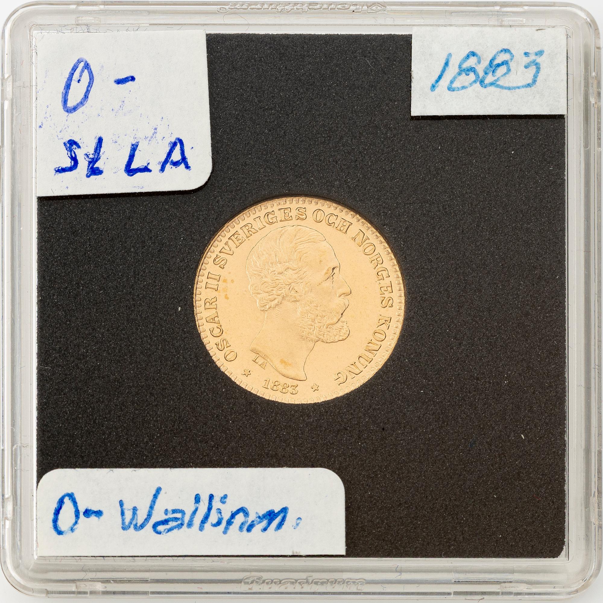 Gold coin, Oscar II, 10 kronor, type II, Sweden 1883.