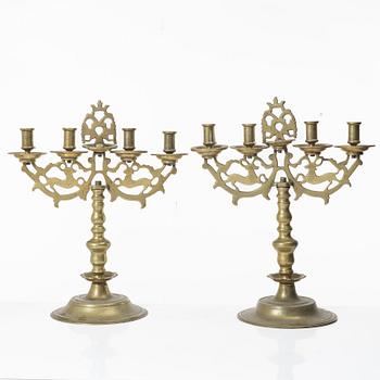 A pair of Baroque style brass candelabras, 20th century.