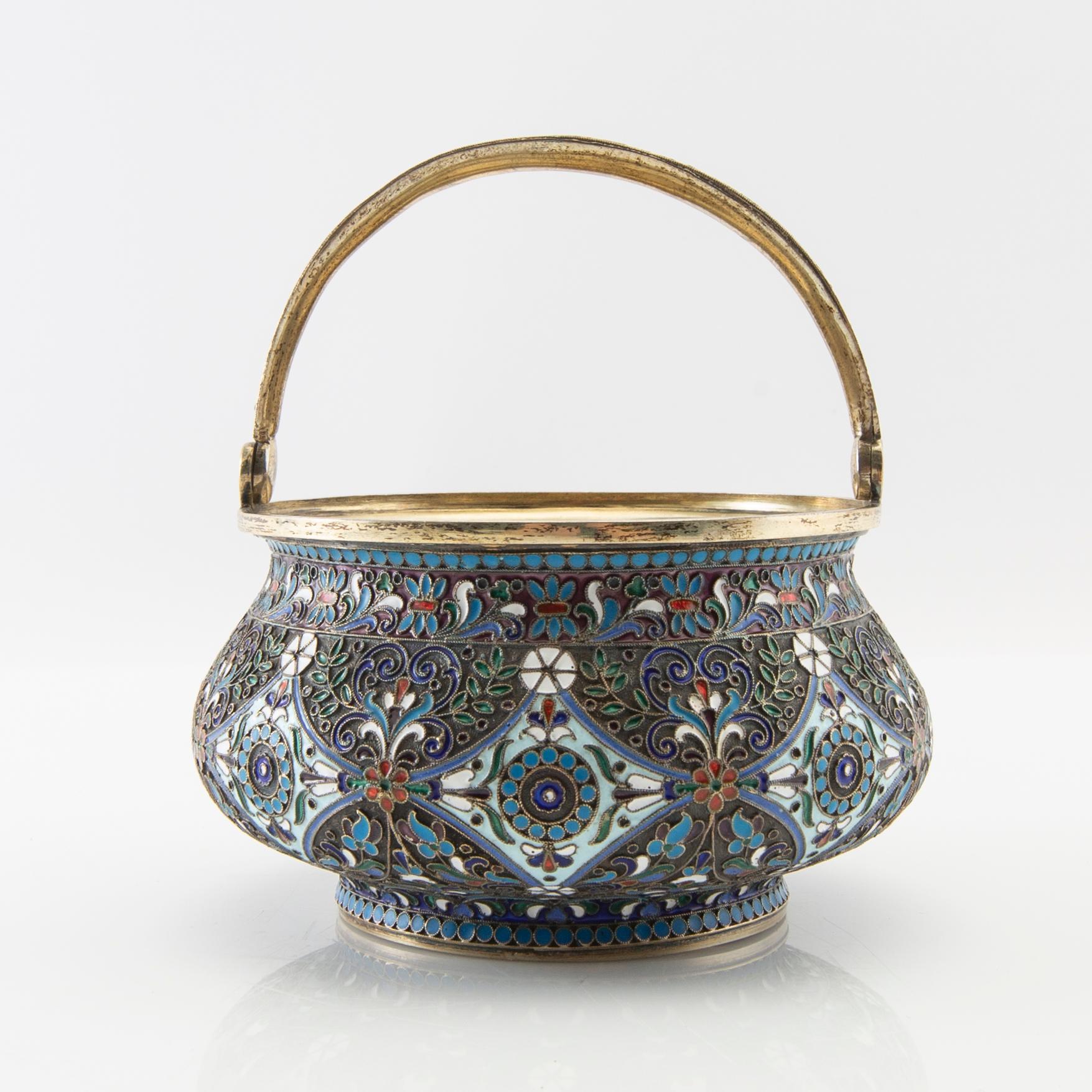 Bowl with handle Russia St Petersburg (?) silver and enamel 1908-26.