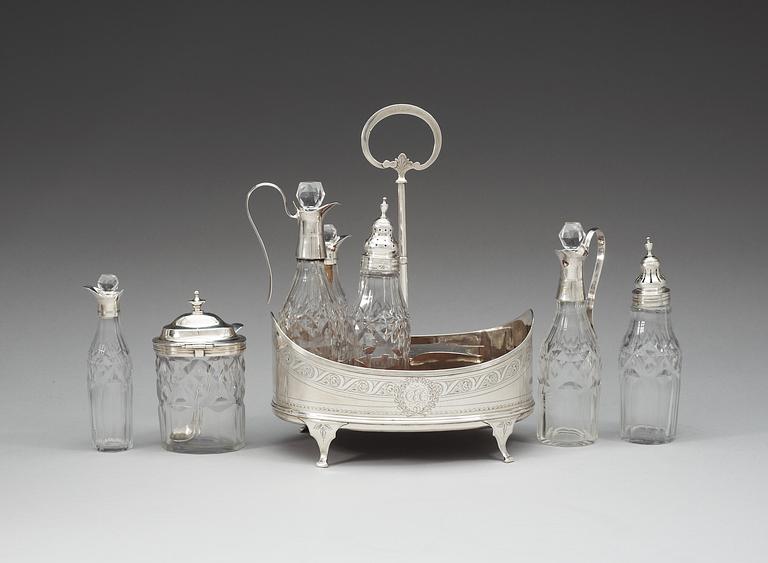 An English 18th century silver and glass cruet-set, unidentified makers mark, London 1797.