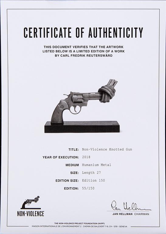 Carl-Fredrik Reuterswärd/ The Non-Violence Project Foundation, a signed and numbered sculpture 55/150 in humanium metal.