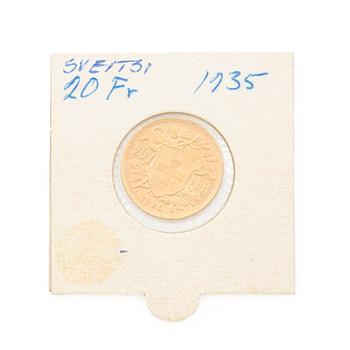 Gold coin, Switzerland, 20 Franc, 1935,