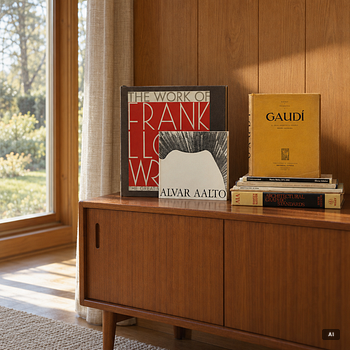 En samling böcker och tidsskrifter om arkitektur, bl a "Gaudí" och "The Work of Frank Lloyd Wright".