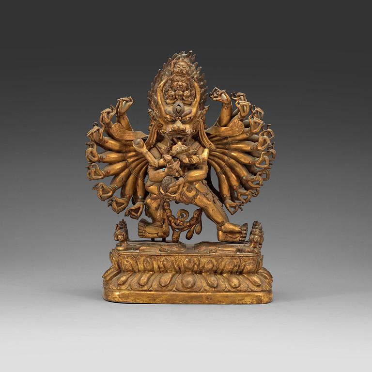 A large gilt bronze figure of Yamantaka, China/Tibet, presumably early 20th Century.