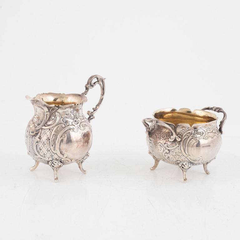 Gewe Guld & Silver Ab, a Rococo-Style Silver Sugar Bowl, Creamer, and Tray, Malmö 1955.