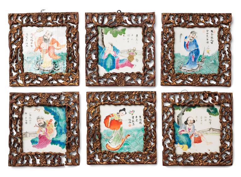 A set of six framed tiles, Qing dynasty, 19th Century.