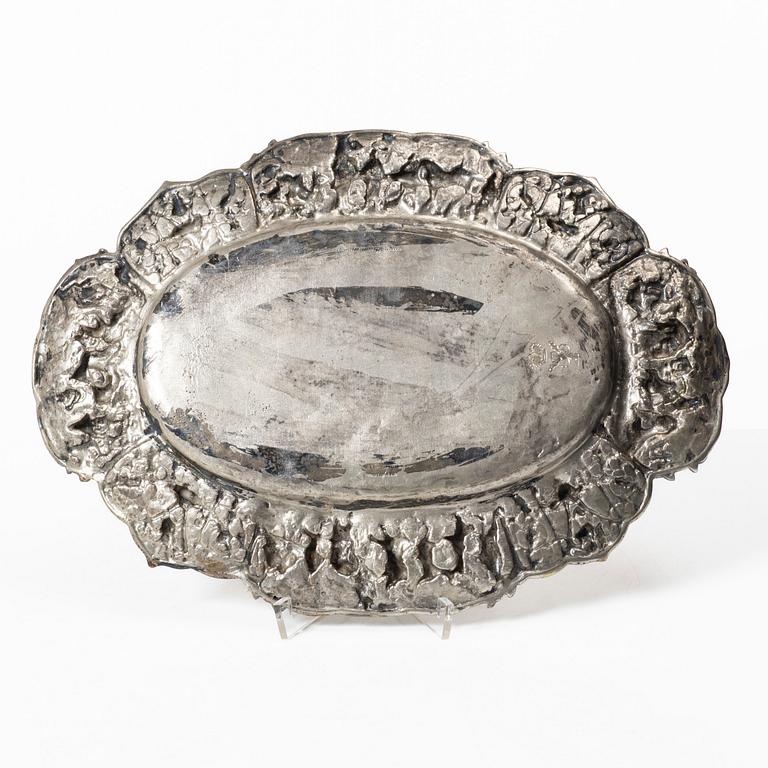 A German silver jug and tray, Gebrüder Friedländer, circa 1900.