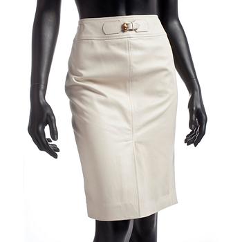 GUCCI, a white leather skirt.