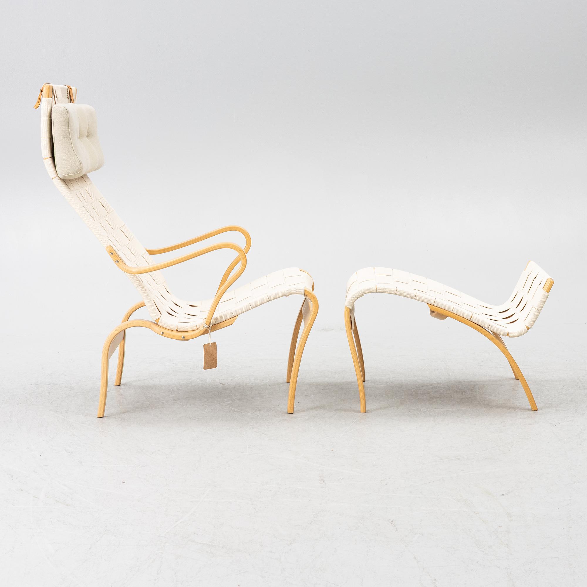 Bruno Mathsson, armchair and footstool, "Miranda", Bruno Mathsson International, Värnamo.