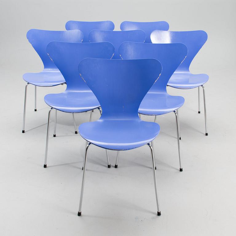 ARNE JACOBSEN, STOLAR, 8 st, "Sjuan", märkta, Fritz Hansen, Danmark, 1980-tal.