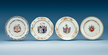 1761. A set of four armorial famille rose dinner plates, Qing dynasty, Qianlong (1736-95).
