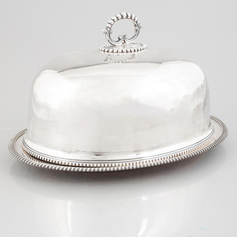 A silver plate food dome cover, Atkin Brothers, Sheffield, England, and a dish, circa 1900.