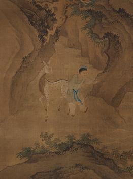 A hanging scroll of a landscape with figures, in the style of the Tang artist Zhu Niching, Qing dynasty, 19th century.