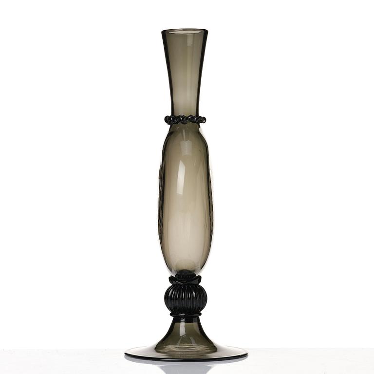 Vittorio Zecchin, a smoke coloured "Soffiato" glass vase, model 1464, Venini, Murano, Italy 1920's.