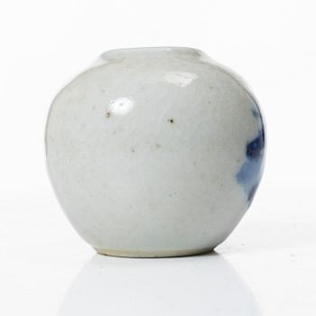 A Chinese blue and white porcelain brush washer / vase and a metal and tortoise shell nail guard, Qing dynasty.