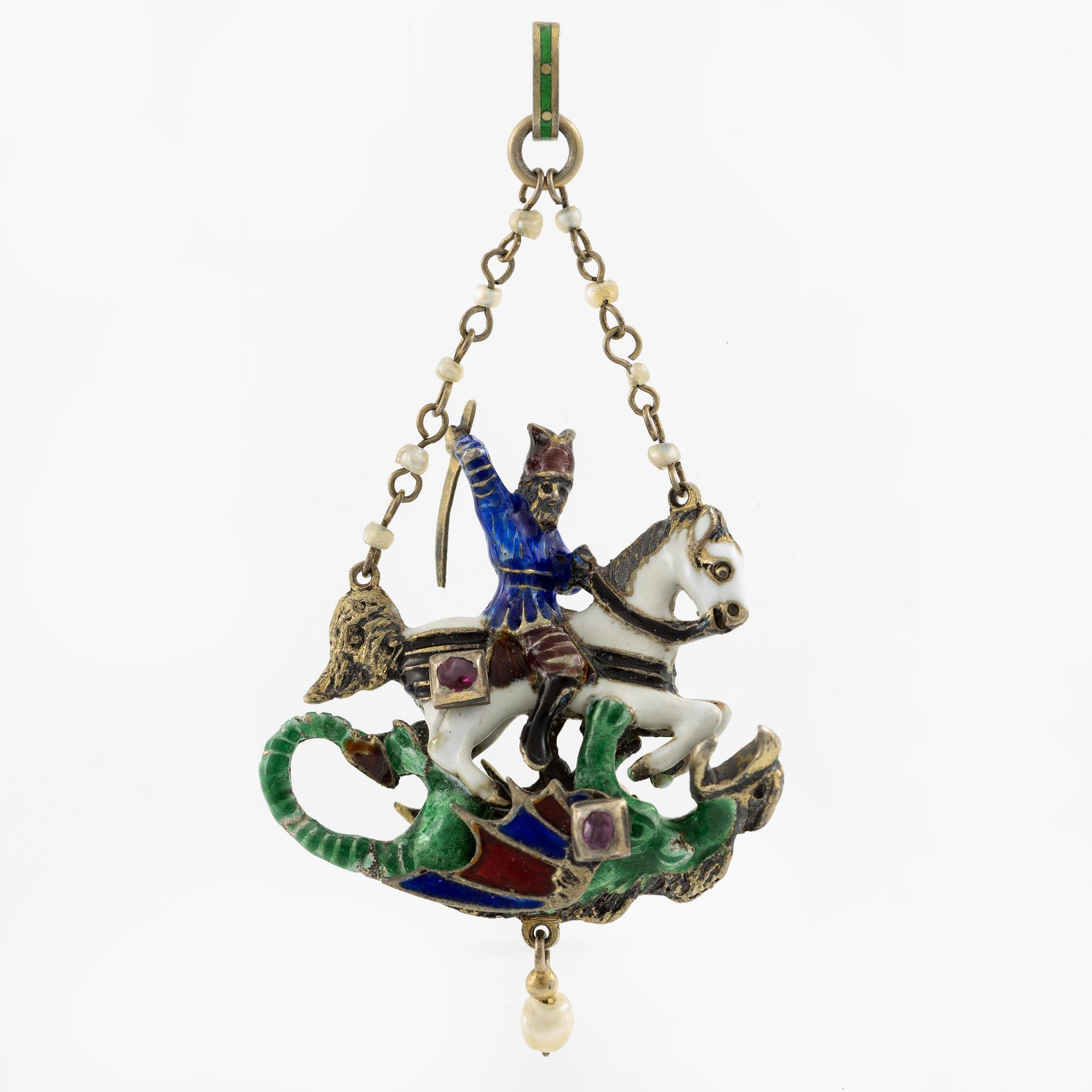Pendant in silver and enamel with pearls and red stones "St George and the Dragon", Neo-Renaissance.