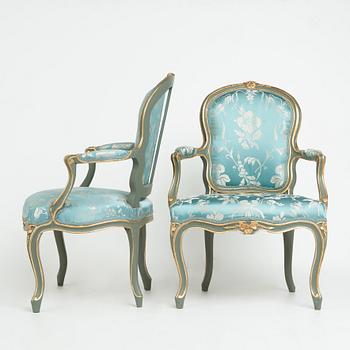 Two Louis XV mid 18th century armchairs.