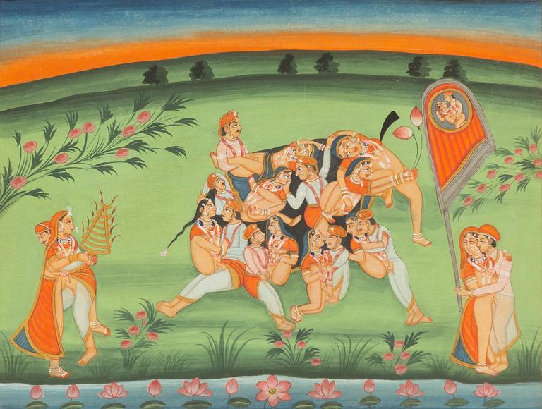 Unidentified artist, Erotic scene in landscape, India, 20th century.