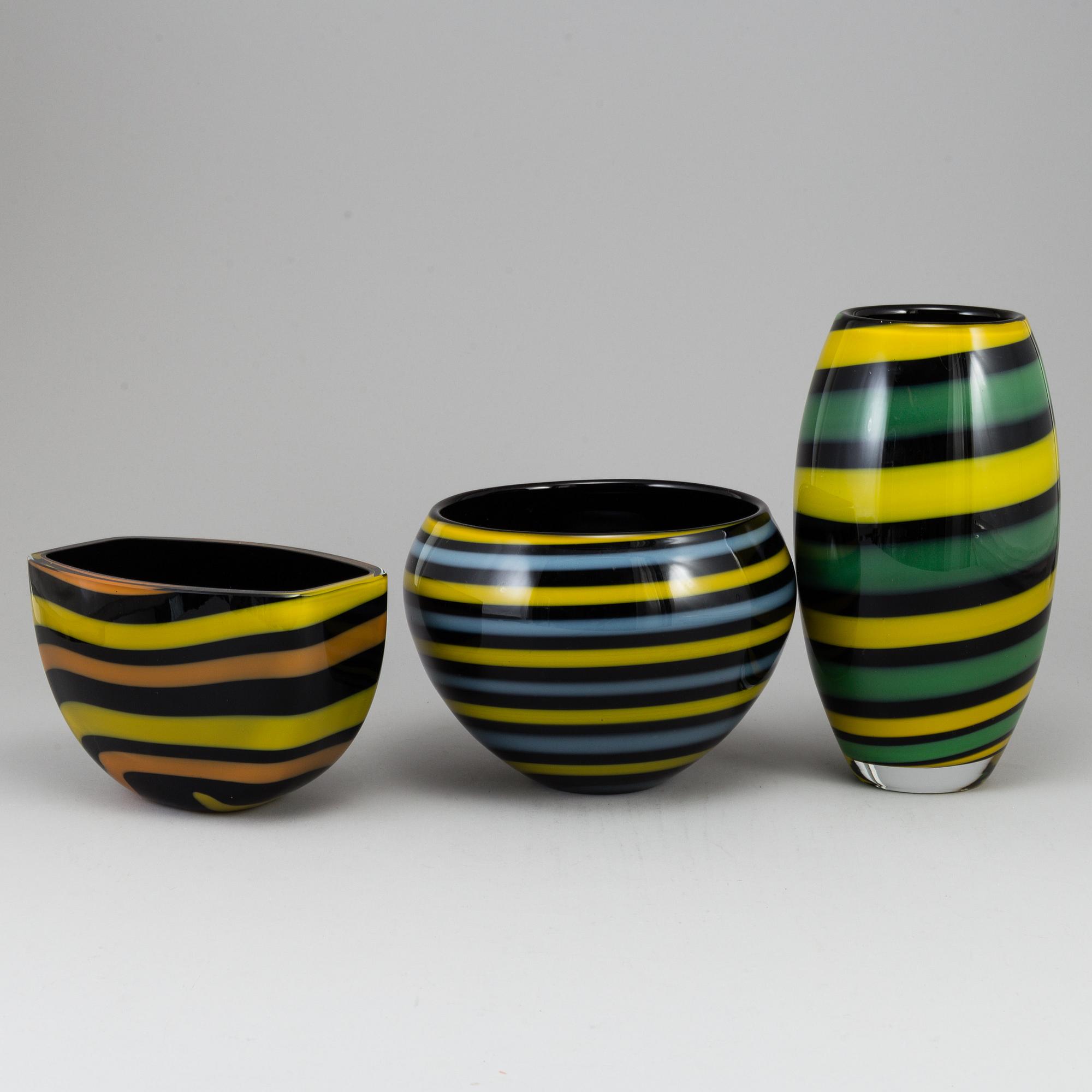 HANNA ZETTERBERG, bowls and a vase, 3 parts, Orrefors.