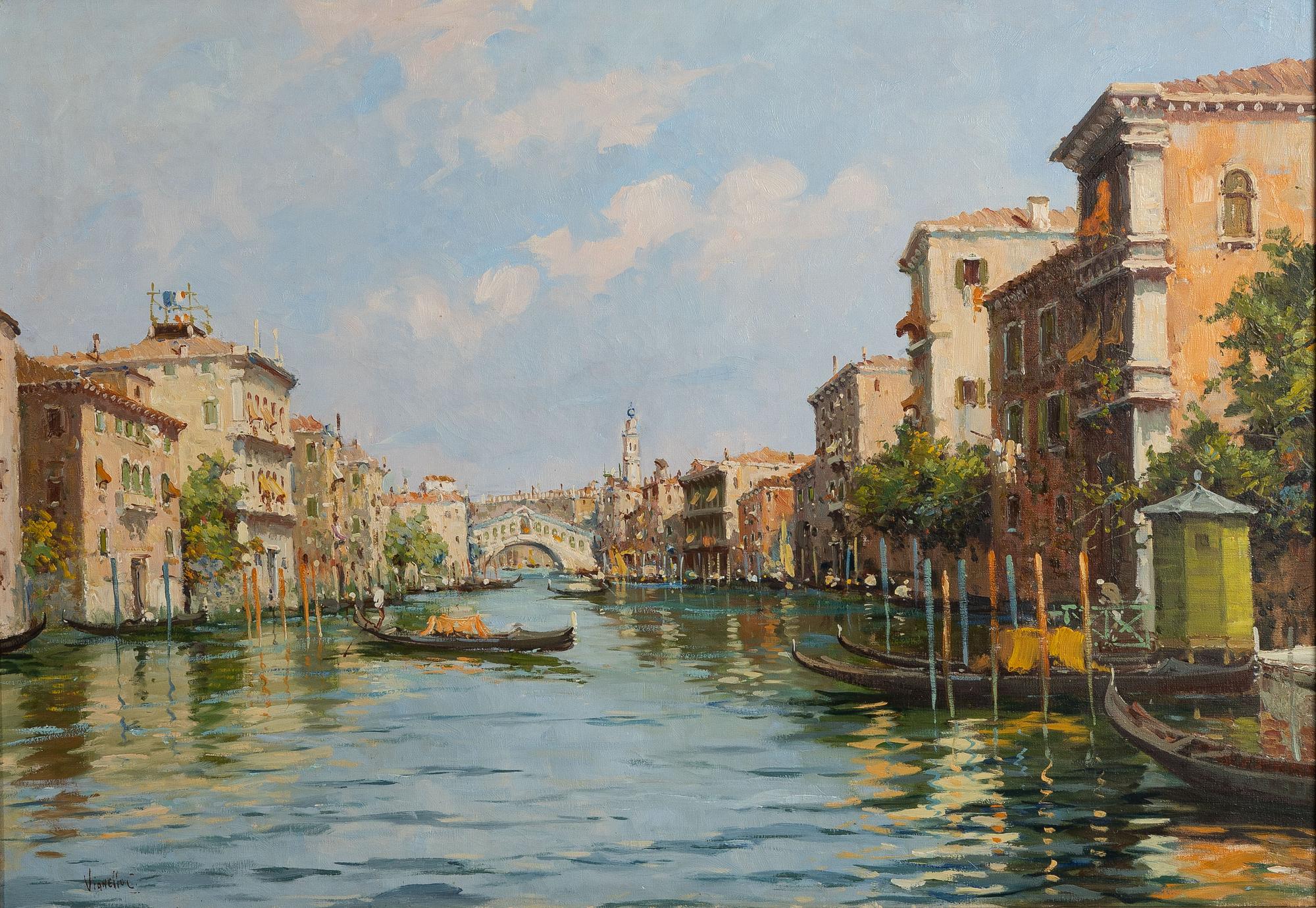 C Vianello, 18/1900-tal,  Vy från Venedig över Canal Grande och Ponte Rialto.