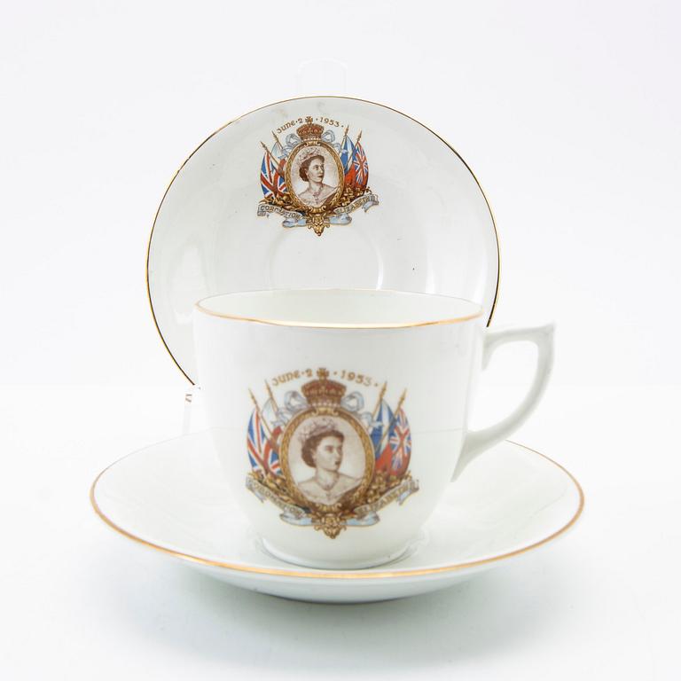 English Queen Elizabeth II Coronation Souvenir Cup and saucer 1953, seven pieces.