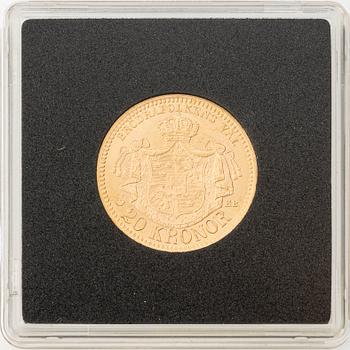 Gold coin, Oscar II, 20Kr, Type III, Sweden 1887.